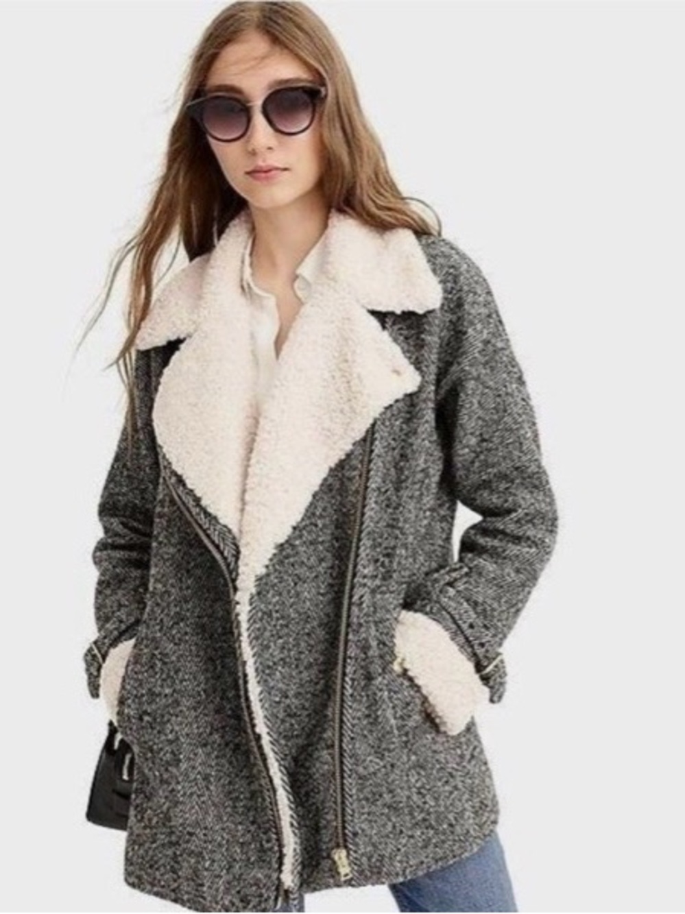 J.Crew Oversized Herringbone Jacket with Sherpa Trim - Wool Blend